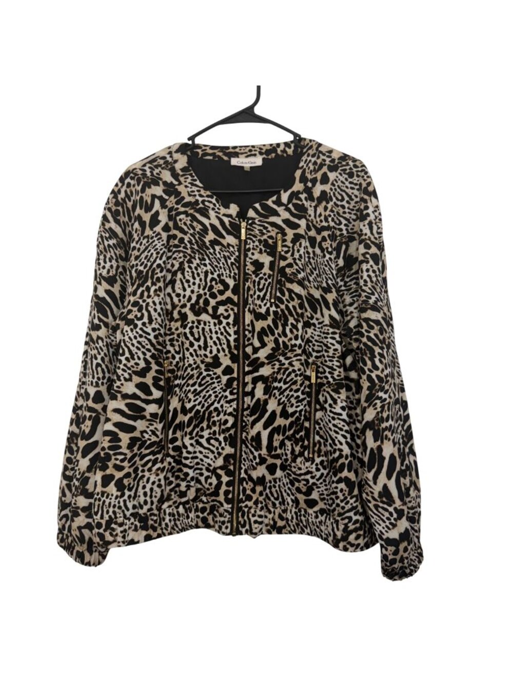 Calvin Klein Womens Leopard Print Zip-Up Jacket Size XL Lined Gold Zip Pockets